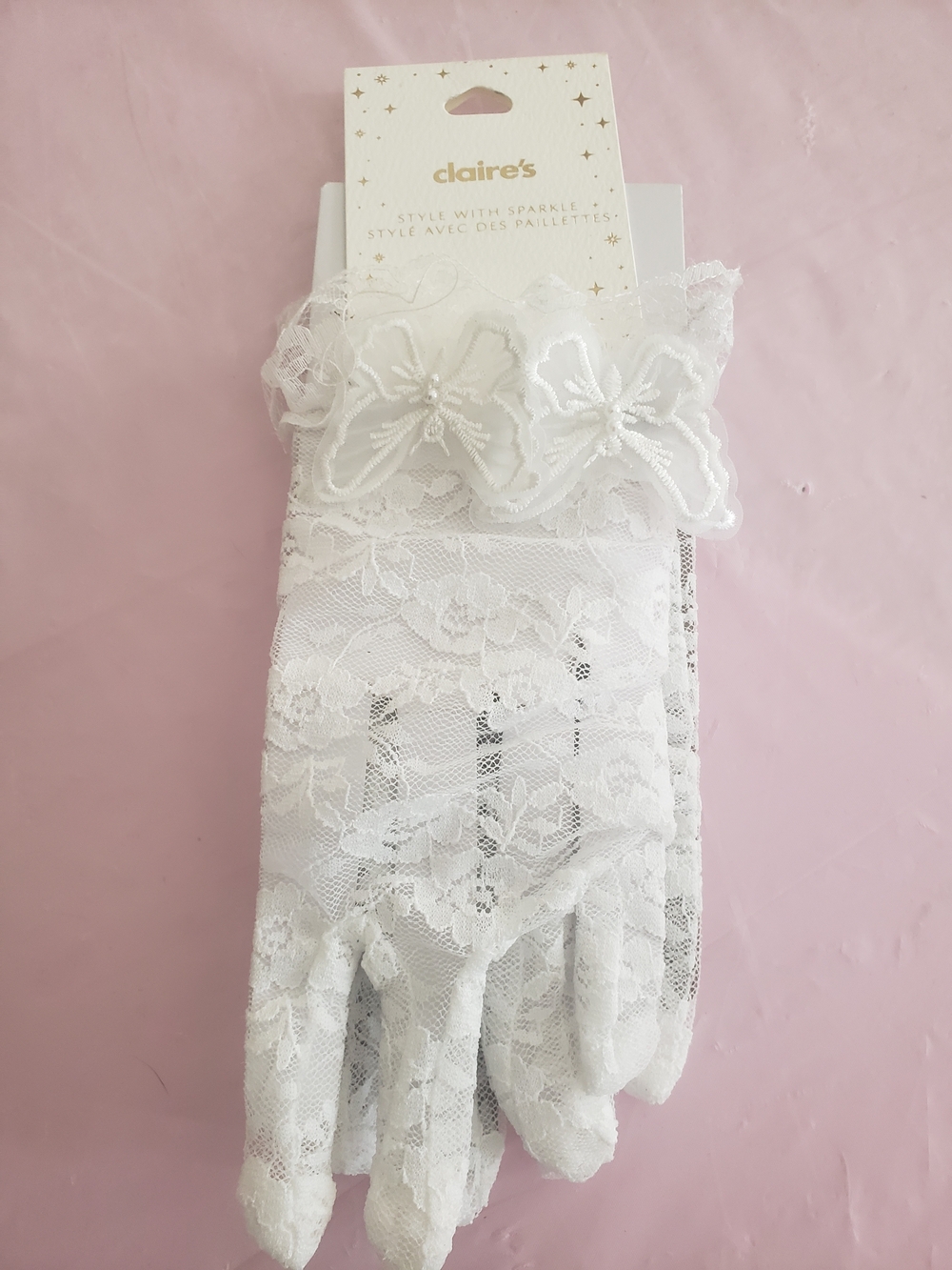 Claire's White Lace Floral & Butterfly Gloves with Pearl Trim